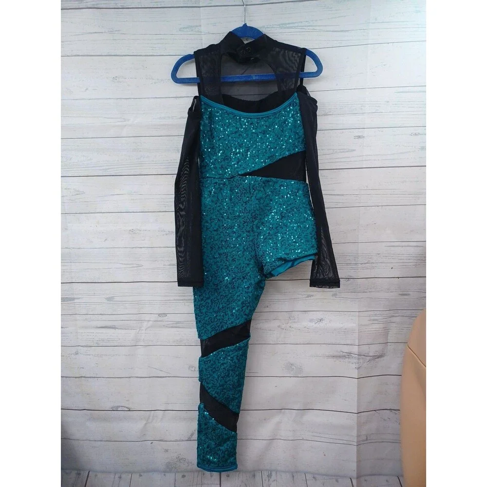 WEISSMAN Gamelan Dance Unitard Sheer One Leg Green Sequined Girl M Sz MC RN64830